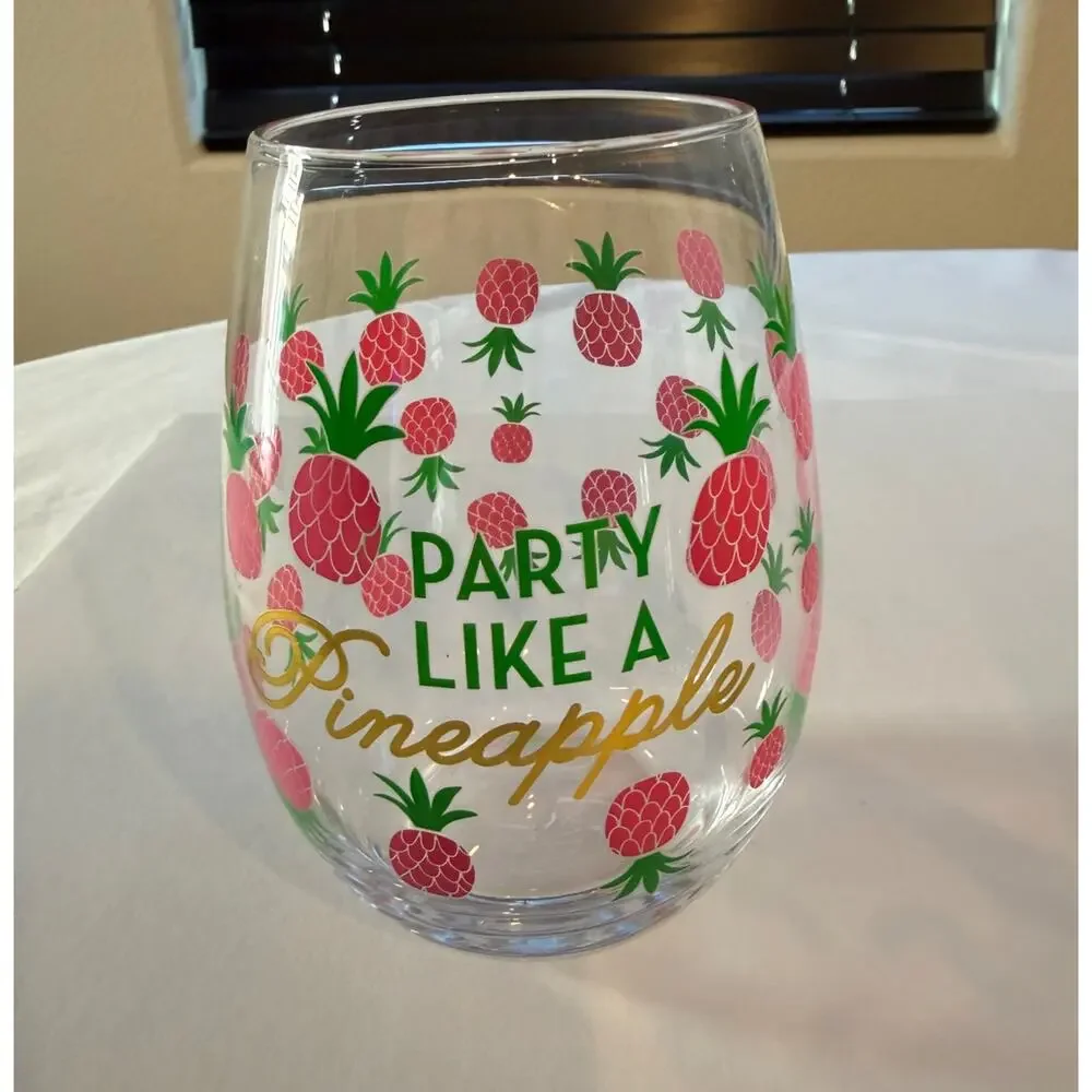 Set of 2 Tropical Summer Stemless Wine Glasses-Pineapple & Toucan Designs